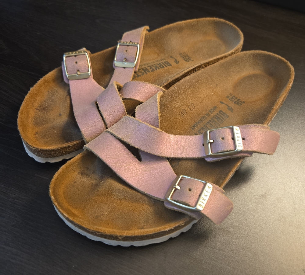 Birkenstock Yao Balance Washed Metallic Pink Leather Sandals Size 38 US 7